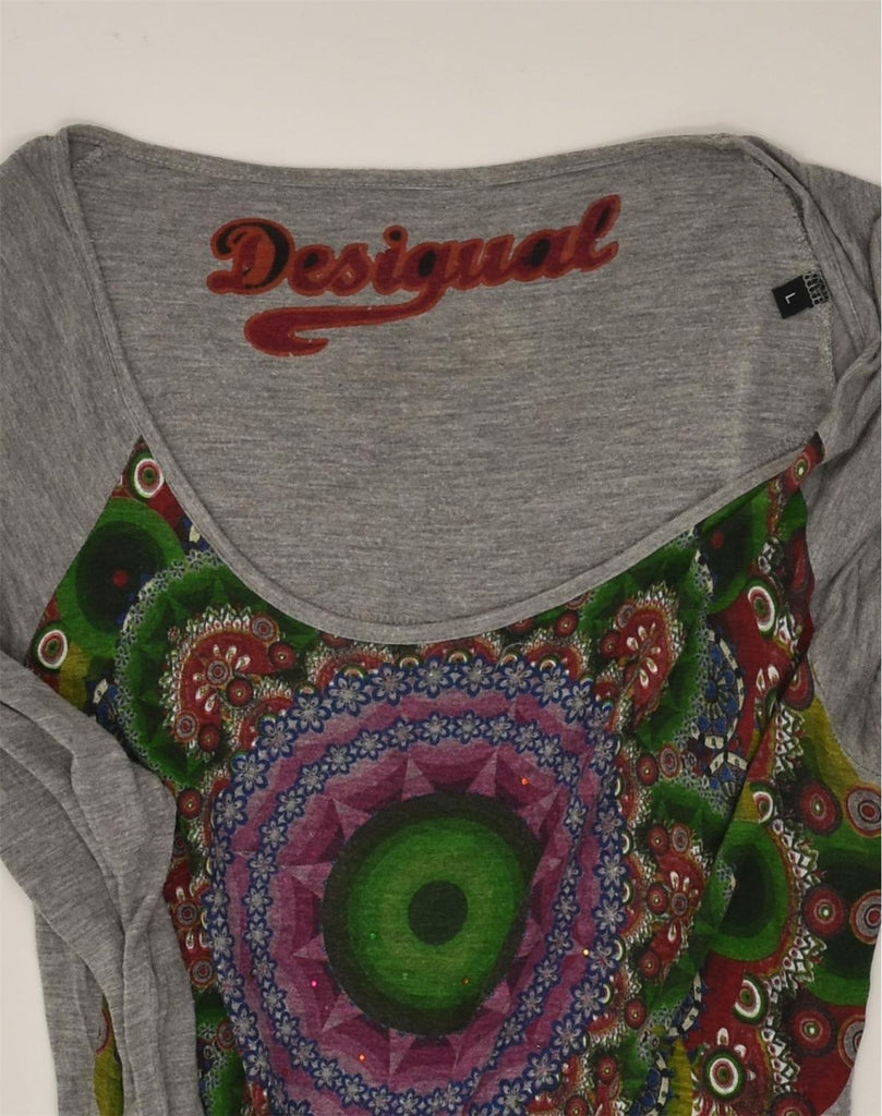 DESIGUAL Womens Graphic Top Long Sleeve UK 14 Large Grey | Vintage Desigual | Thrift | Second-Hand Desigual | Used Clothing | Messina Hembry 