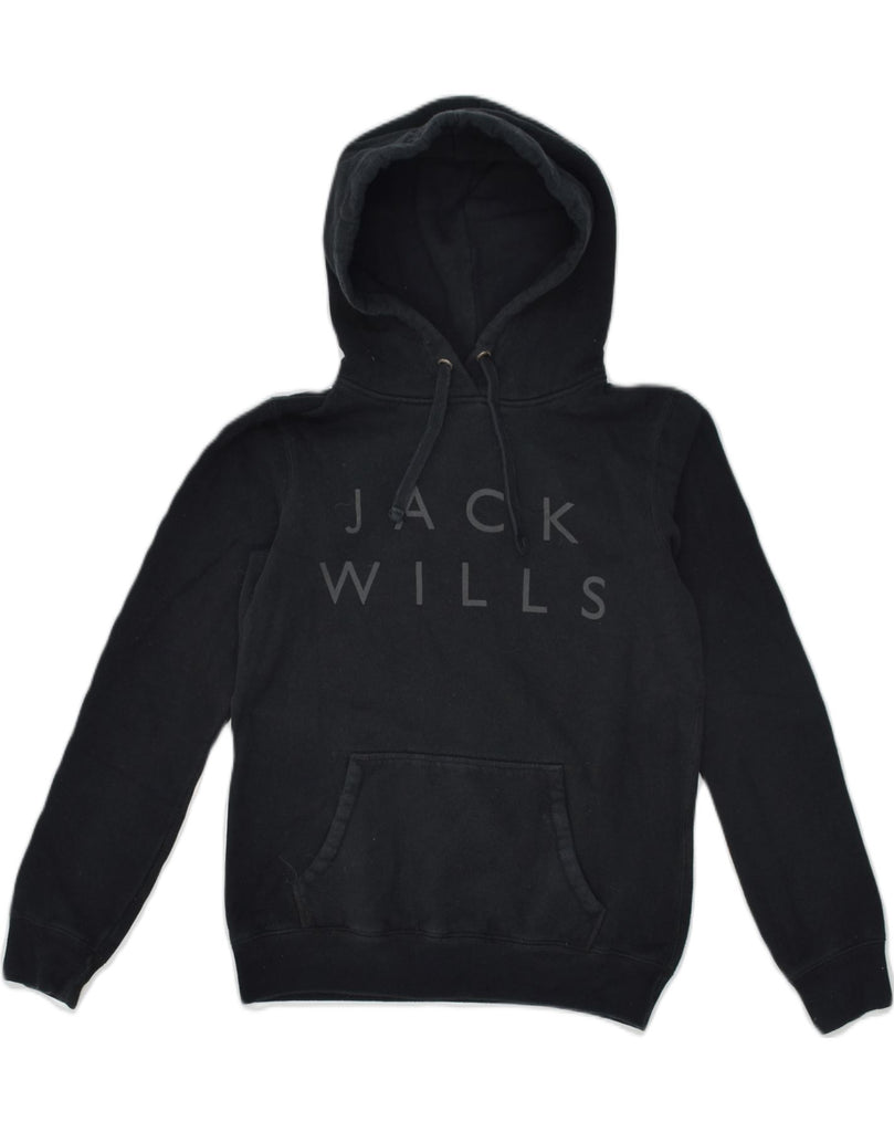 JACK WILLS Womens Graphic Hoodie Jumper UK 8 Small Black Cotton | Vintage Jack Wills | Thrift | Second-Hand Jack Wills | Used Clothing | Messina Hembry 