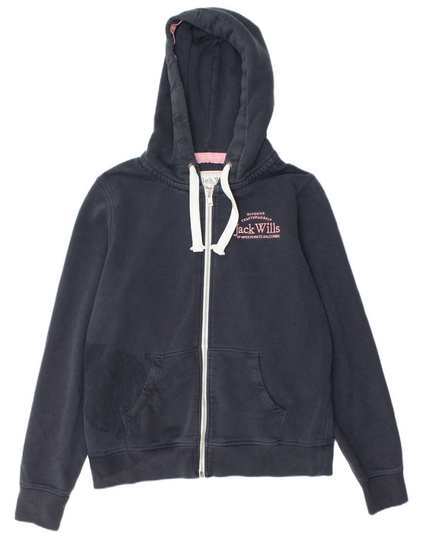 Jack Wills Womens Graphic Zip Hoodie Sweater UK 12 Medium Navy Blue Cotton