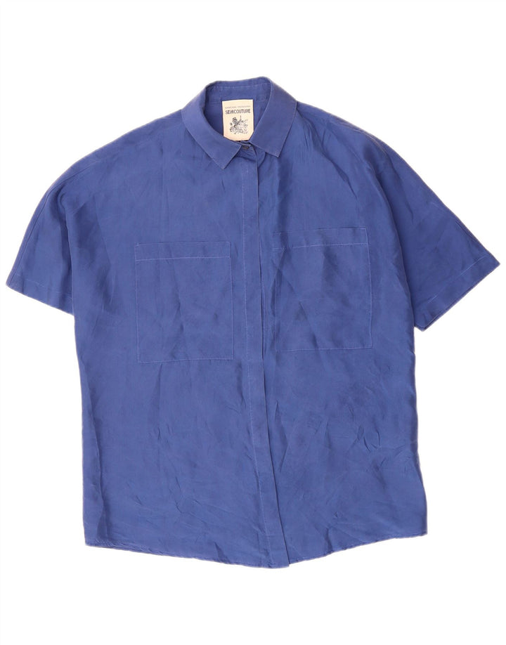 SEMICOUTURE Womens Short Sleeve Shirt Blouse UK 18 XL Blue Silk