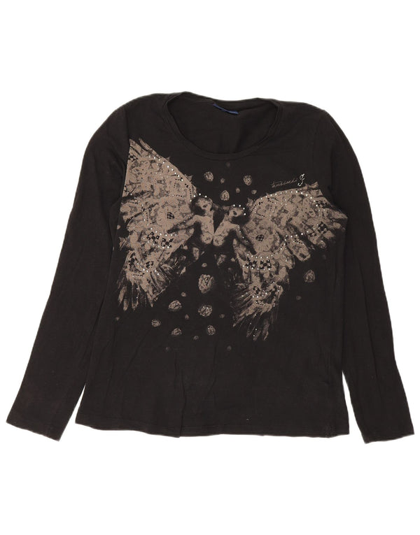 Trussardi Jeans Womens Graphic Top Long Sleeve UK 14 Large Black Cotton