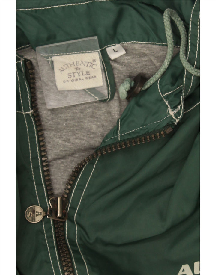 Authentic Mens Graphic Hooded Windbreaker Jacket UK 40 Large Green Nylon