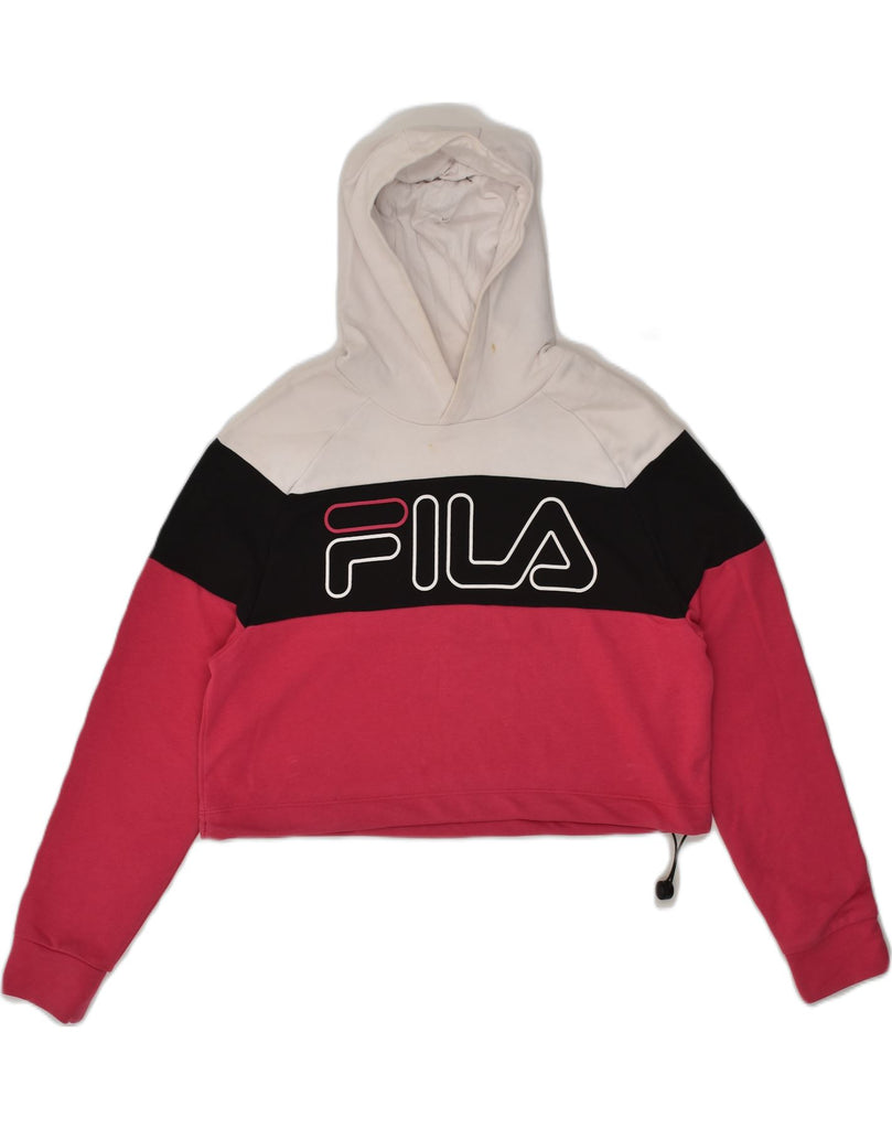 FILA Womens Crop Graphic Hoodie Jumper UK 6 XS White Colourblock Cotton | Vintage Fila | Thrift | Second-Hand Fila | Used Clothing | Messina Hembry 