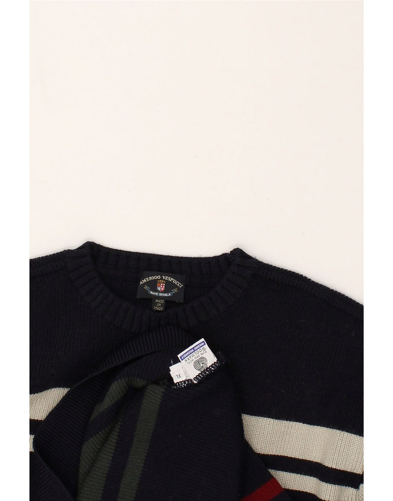 AMERIGO VESPUCCI Mens Crew Neck Jumper Sweater XL Navy Blue Striped | Vintage Amerigo Vespucci | Thrift | Second-Hand Amerigo Vespucci | Used Clothing | Messina Hembry 