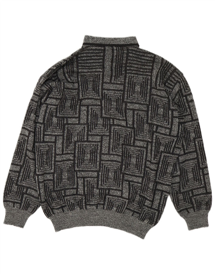Vintage Mens Polo Neck Jumper Sweater Large Grey Geometric