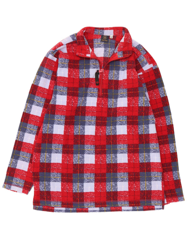 Vintage Mens Zip Neck Fleece Jumper Medium Red Plaid Polyester