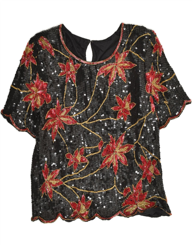 VINTAGE Womens Blouse Top UK 14 Large Black Floral | Vintage Vintage | Thrift | Second-Hand Vintage | Used Clothing | Messina Hembry 