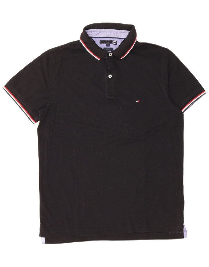 TOMMY HILFIGER Mens Slim Fit Polo Shirt Large Black Cotton
