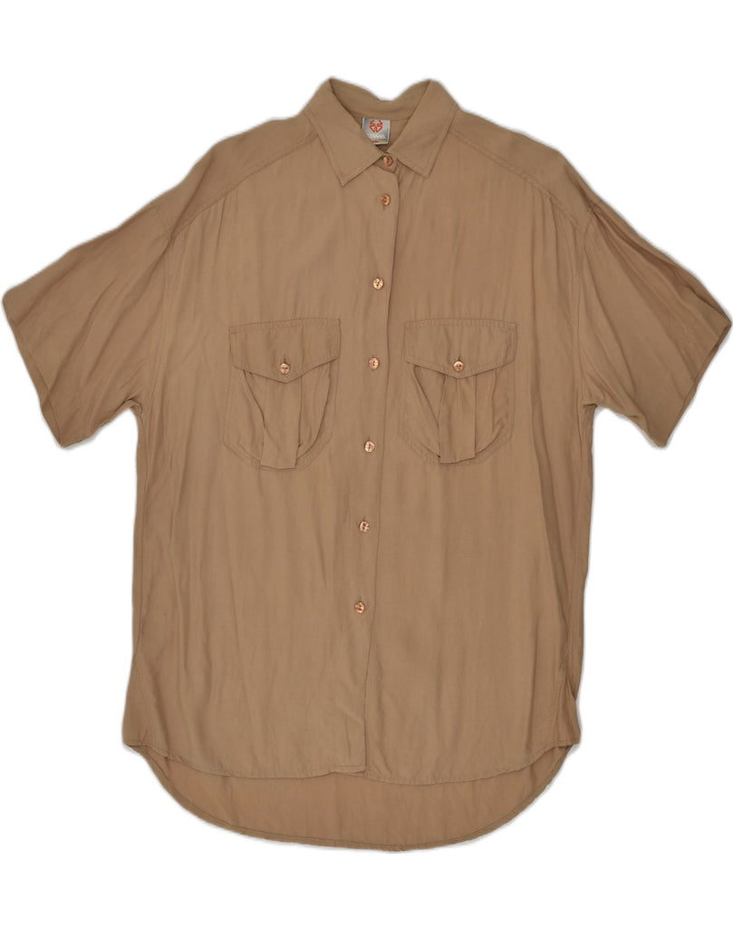 STEFANEL Womens Oversized Short Sleeve Shirt UK 10 Small Brown Viscose | Vintage Stefanel | Thrift | Second-Hand Stefanel | Used Clothing | Messina Hembry 