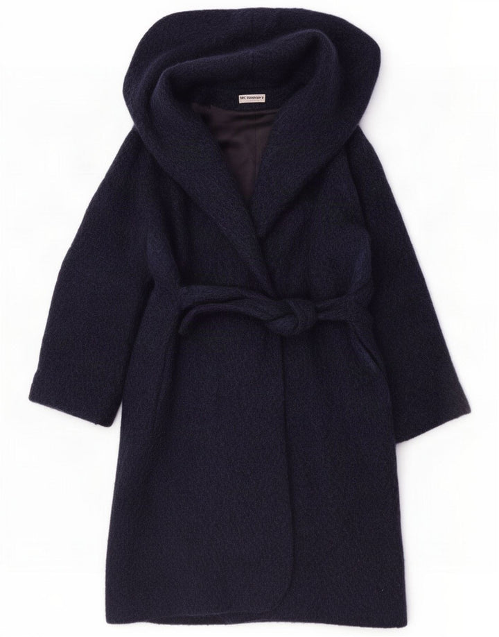 Vintage Womens Hooded Overcoat IT 46 Large Navy Blue Wool