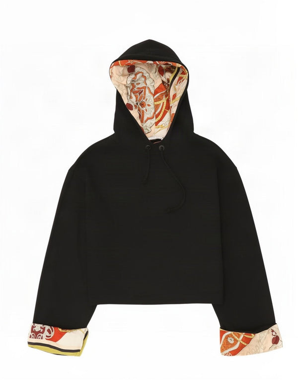 Zara Womens Crop Abstract Pattern Oversized Hoodie Jumper UK 10 Small Black