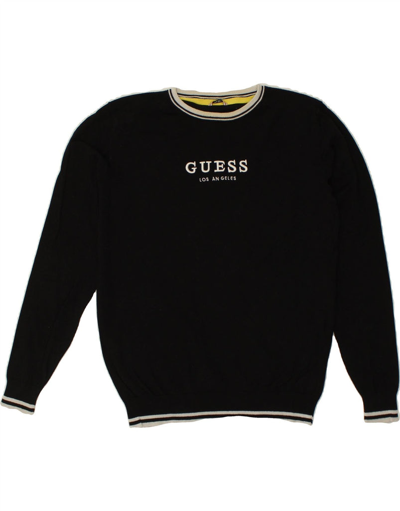 GUESS Mens Graphic Boat Neck Jumper Sweater Medium Black Cotton Vintage Guess and Second-Hand Guess from Messina Hembry 