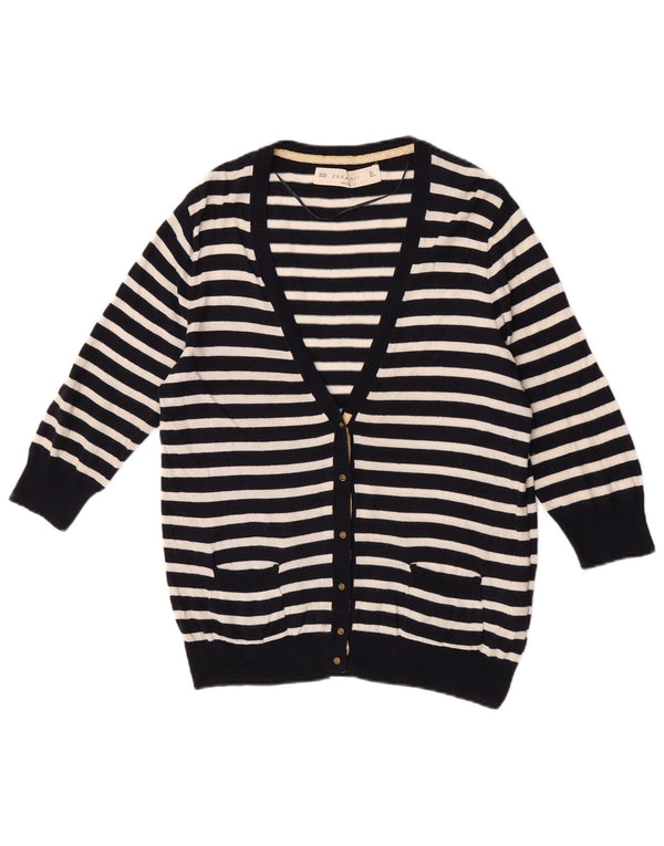 Zara Womens 3/4 Sleeve Cardigan Sweater UK 14 Large Navy Blue Striped