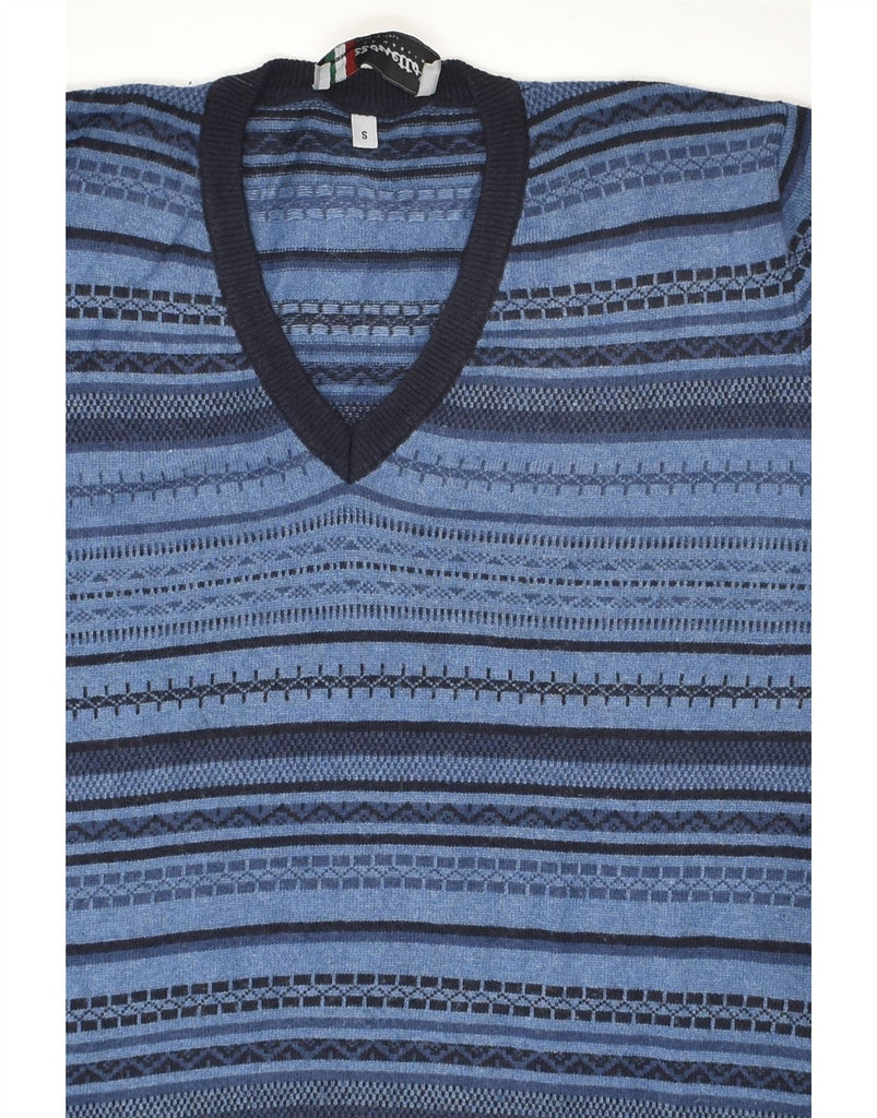 MAZZONETTO Mens V-Neck Jumper Sweater Small Blue Fair Isle Polyamide | Vintage Mazzonetto | Thrift | Second-Hand Mazzonetto | Used Clothing | Messina Hembry 