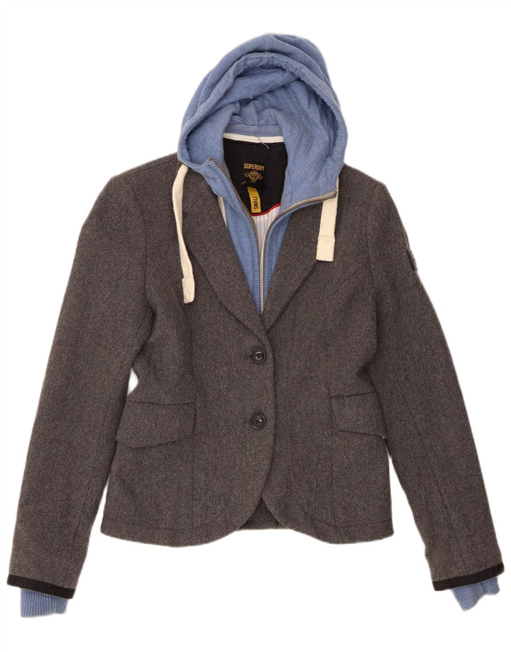 Superdry Womens Hooded 2 Button Blazer Jacket UK 10 Small Grey Wool