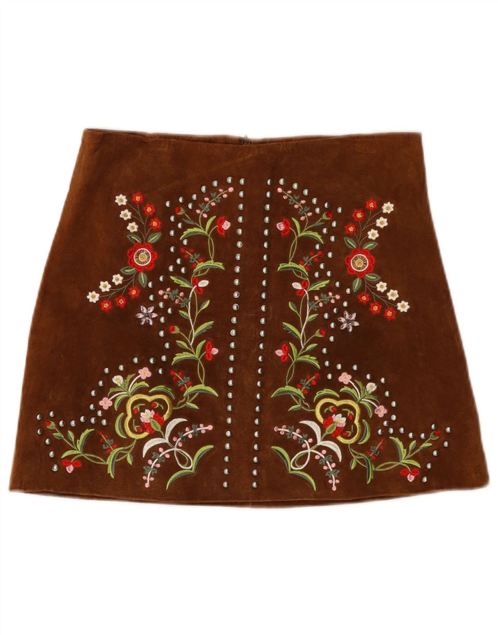 Zara Womens Suede Skirt Small W26  Brown Floral Leather