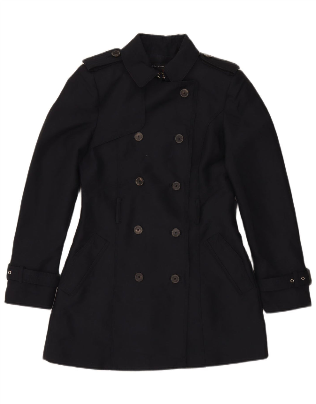 Zara Womens Double Breasted Trench Coat UK 10 Small Navy Blue Polyester