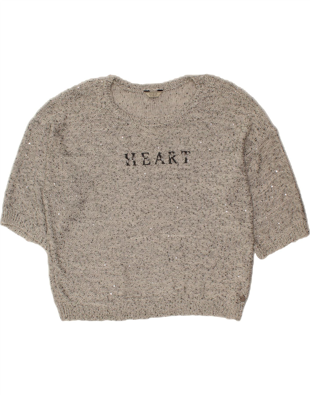 GUESS Womens Graphic Boat Neck Jumper Sweater UK 14 Medium Grey Flecked Vintage Guess and Second-Hand Guess from Messina Hembry 