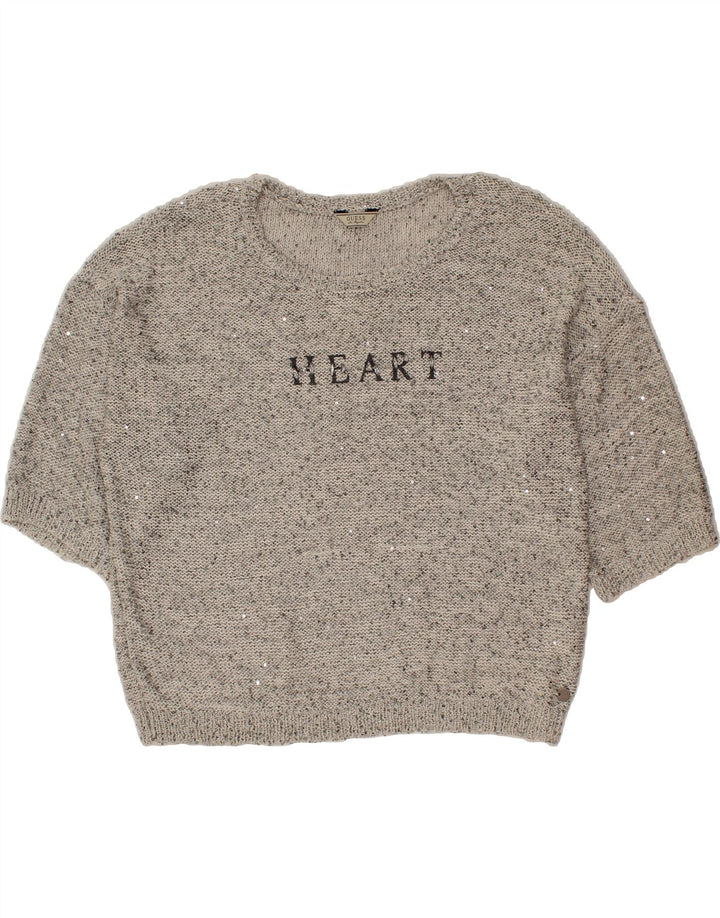 GUESS Womens Graphic Boat Neck Jumper Sweater UK 14 Medium Grey Flecked Vintage Guess and Second-Hand Guess from Messina Hembry 