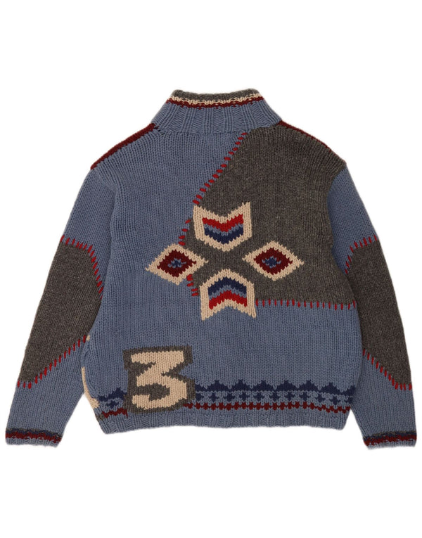 S.Moritz Mens Handmade Cardigan Sweater Large Blue Geometric Wool Novelty