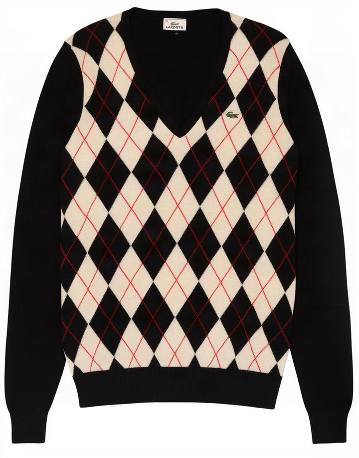 Lacoste Womens V-Neck Jumper Sweater Size 40 Medium Black Argyle/Diamond