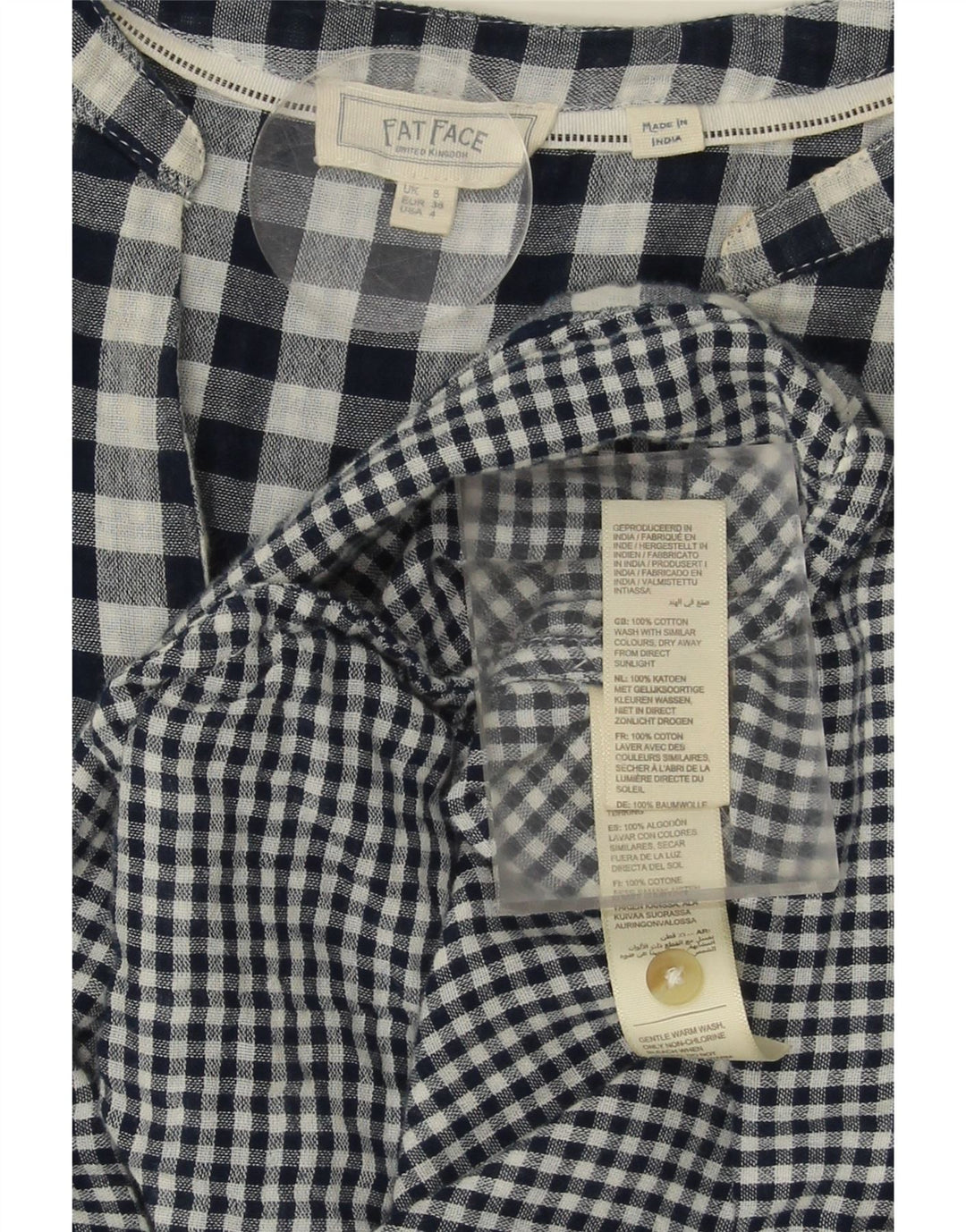 FAT FACE Womens Pullover Shirt UK 8 Small  Navy Blue Gingham Cotton Vintage Fat Face and Second-Hand Fat Face from Messina Hembry 