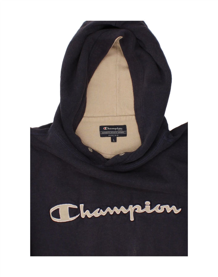 CHAMPION Mens Graphic Hoodie Jumper Large Navy Blue Vintage Champion and Second-Hand Champion from Messina Hembry 