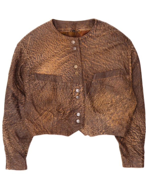 Vintage Womens Crop Leather Jacket IT 42 Medium Brown Animal Print Leather