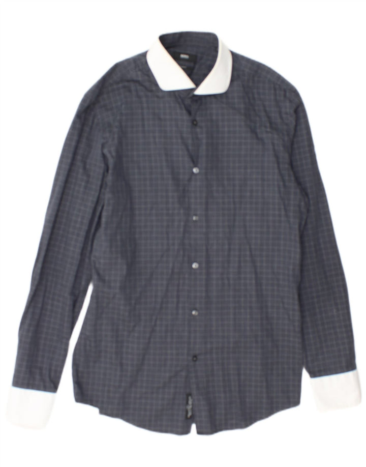 Hugo Boss Mens Slim Fit Shirt Size 40 15 3/4 Medium Grey Check Cotton