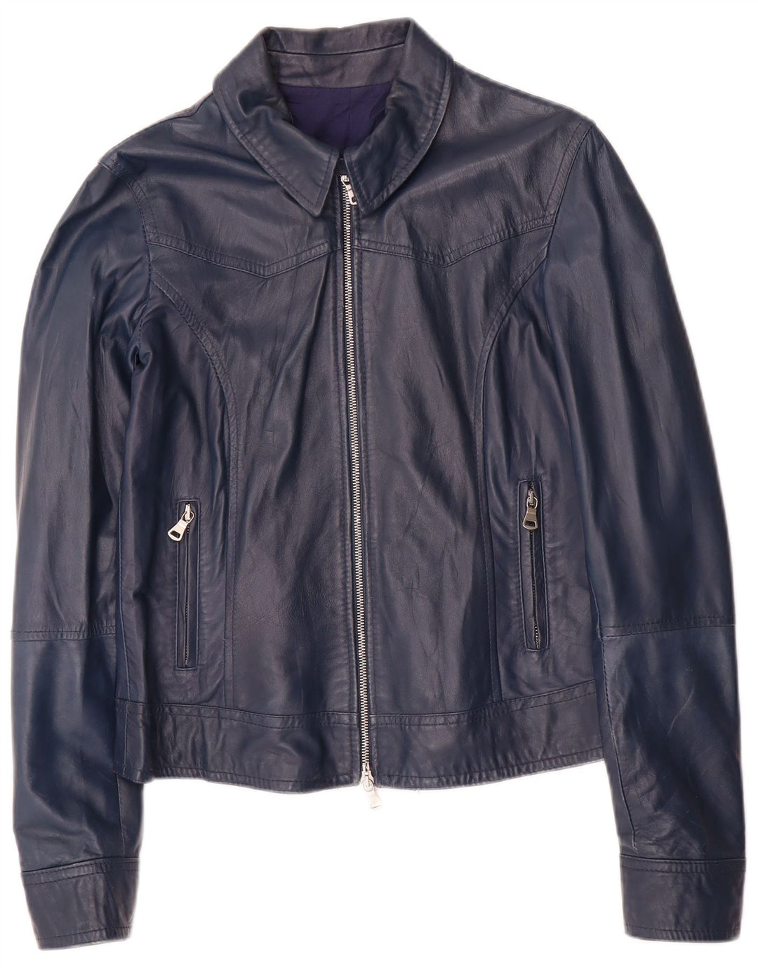 Vintage Womens Crop Leather Jacket UK 14 Large Navy Blue Leather