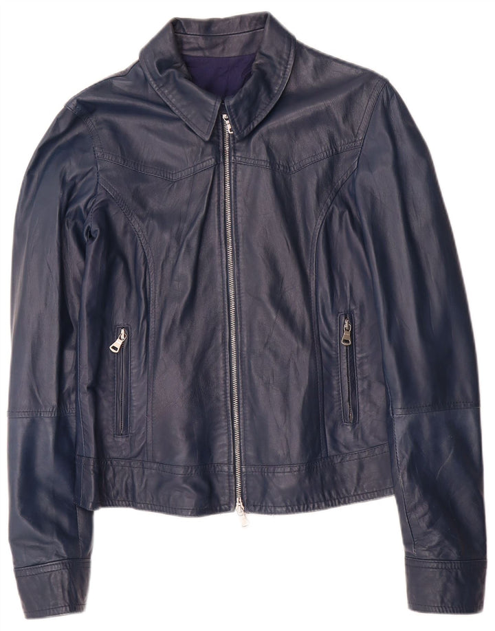 Vintage Womens Crop Leather Jacket UK 14 Large Navy Blue Leather