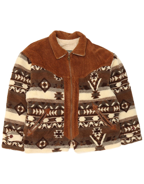 Out Limits Mens Sherpa Loose Fit Fleece Jacket UK 38 Medium Brown Geometric