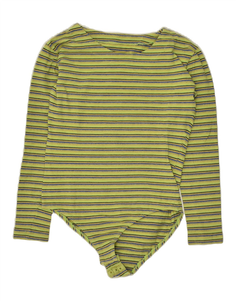 VINTAGE Womens Long Sleeve Bodysuit UK 12 Medium Green Striped Cotton Vintage Vintage and Second-Hand Vintage from Messina Hembry 