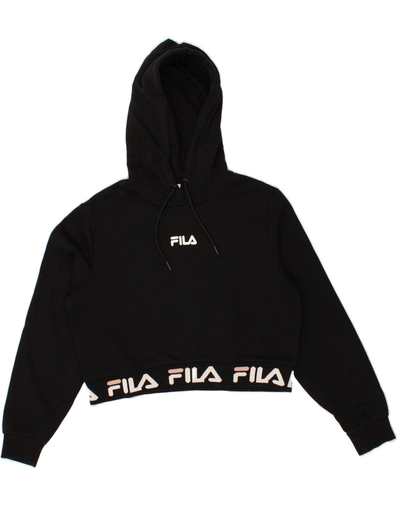 FILA Womens Graphic Crop Hoodie Jumper UK 12 Medium Black Cotton | Vintage Fila | Thrift | Second-Hand Fila | Used Clothing | Messina Hembry 