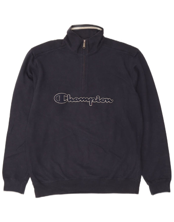 Champion Mens Graphic Zip Neck Sweatshirt Jumper Large Navy Blue Cotton