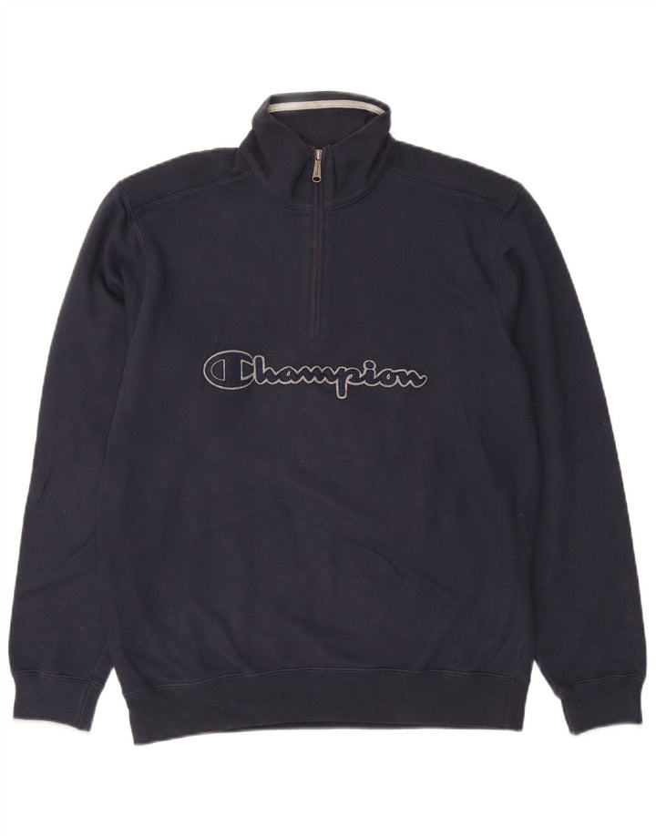 Champion Mens Graphic Zip Neck Sweatshirt Jumper Large Navy Blue Cotton