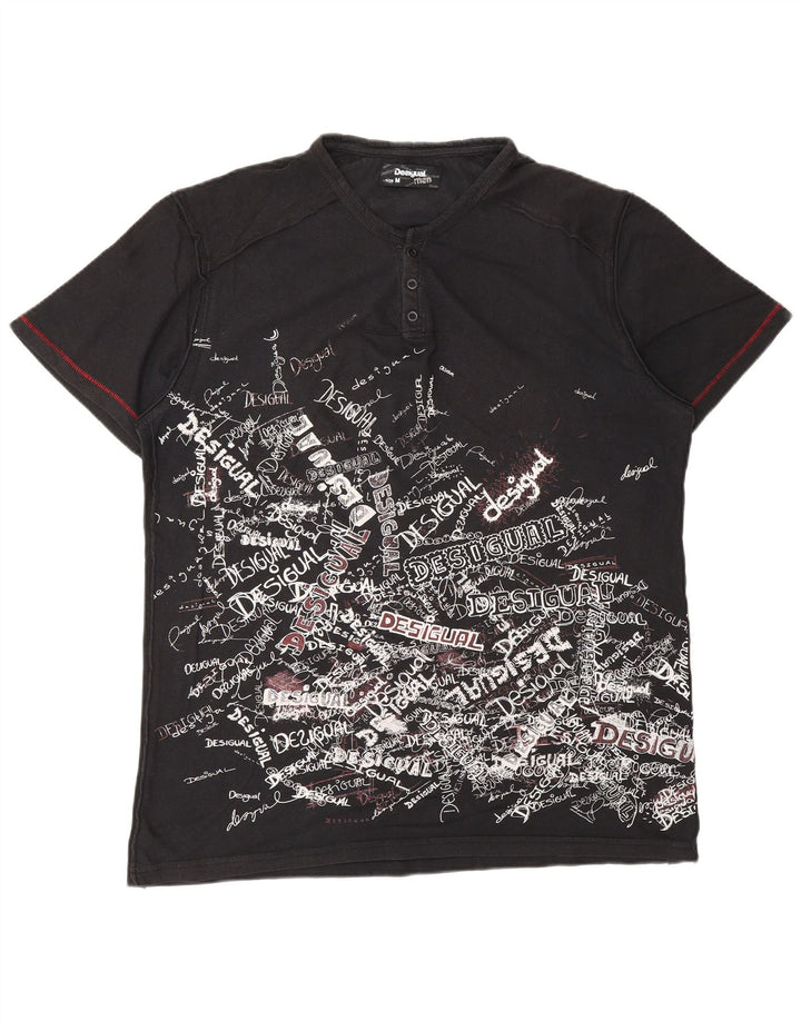 DESIGUAL Mens Graphic T-Shirt Top Medium Black Cotton