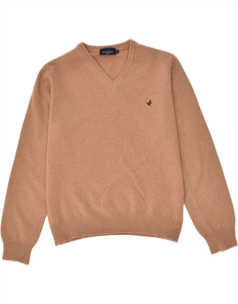 BROOKSFIELD Mens V-Neck Jumper Sweater IT 48 Small Beige Wool | Vintage Brooksfield | Thrift | Second-Hand Brooksfield | Used Clothing | Messina Hembry 