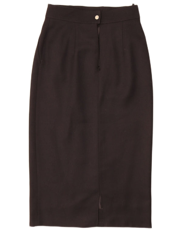 Vintage Womens High Waist Midi Skirt UK 10 Small W26 Black Wool