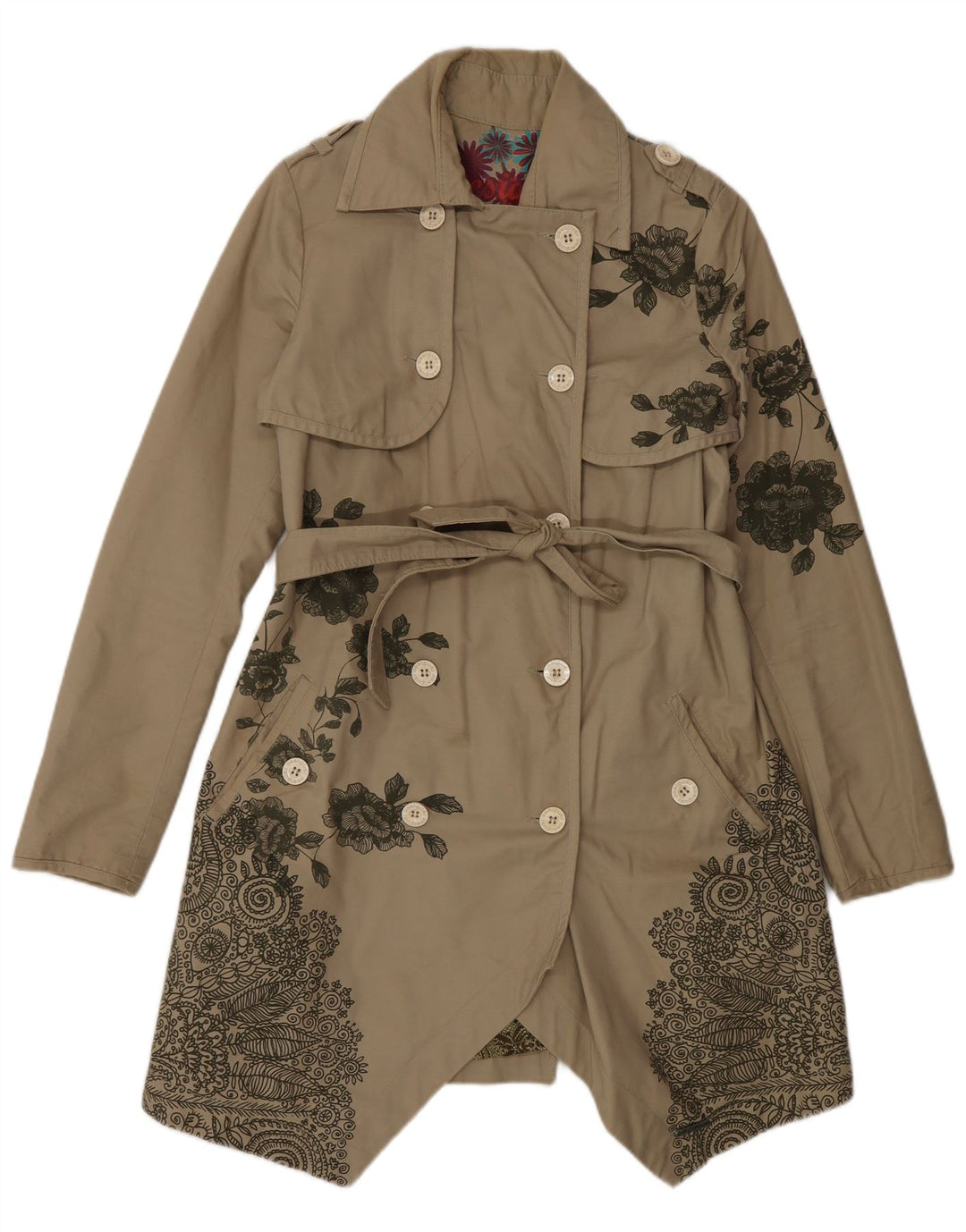 Desigual Womens Double Breasted Trench Coat EU 38 Medium Beige Floral
