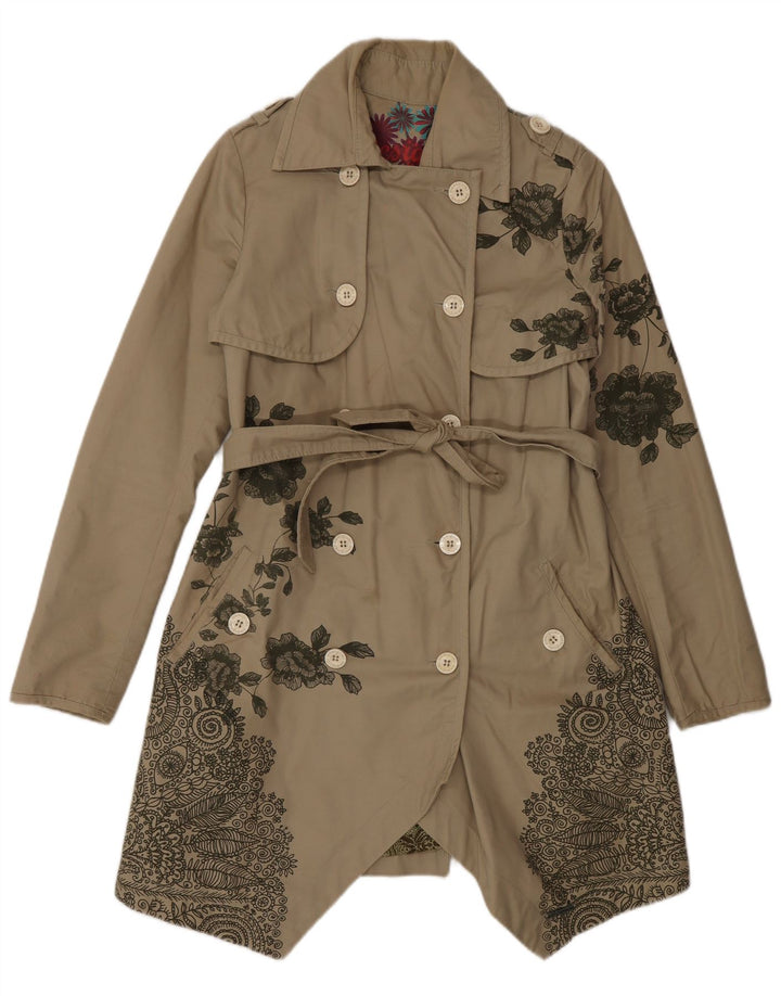 Desigual Womens Double Breasted Trench Coat EU 38 Medium Beige Floral