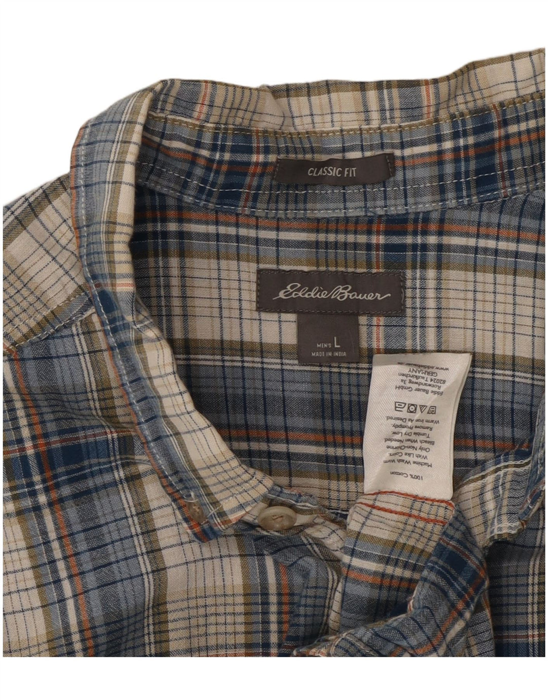 EDDIE BAUER Mens Classic Fit Short Sleeve Shirt Large Blue Check Cotton
