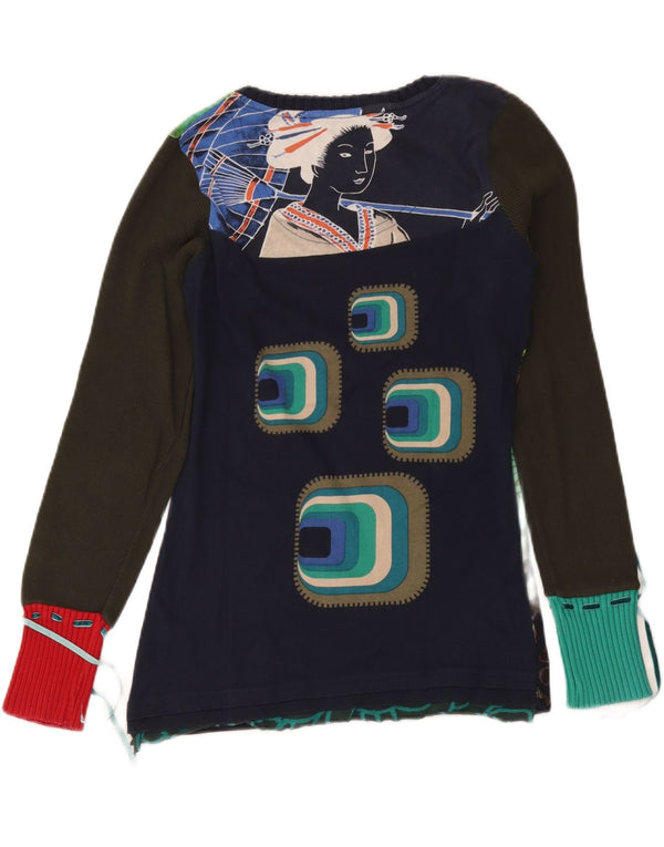 Desigual Womens Graphic Top Long Sleeve UK 14 Large Navy Blue Floral