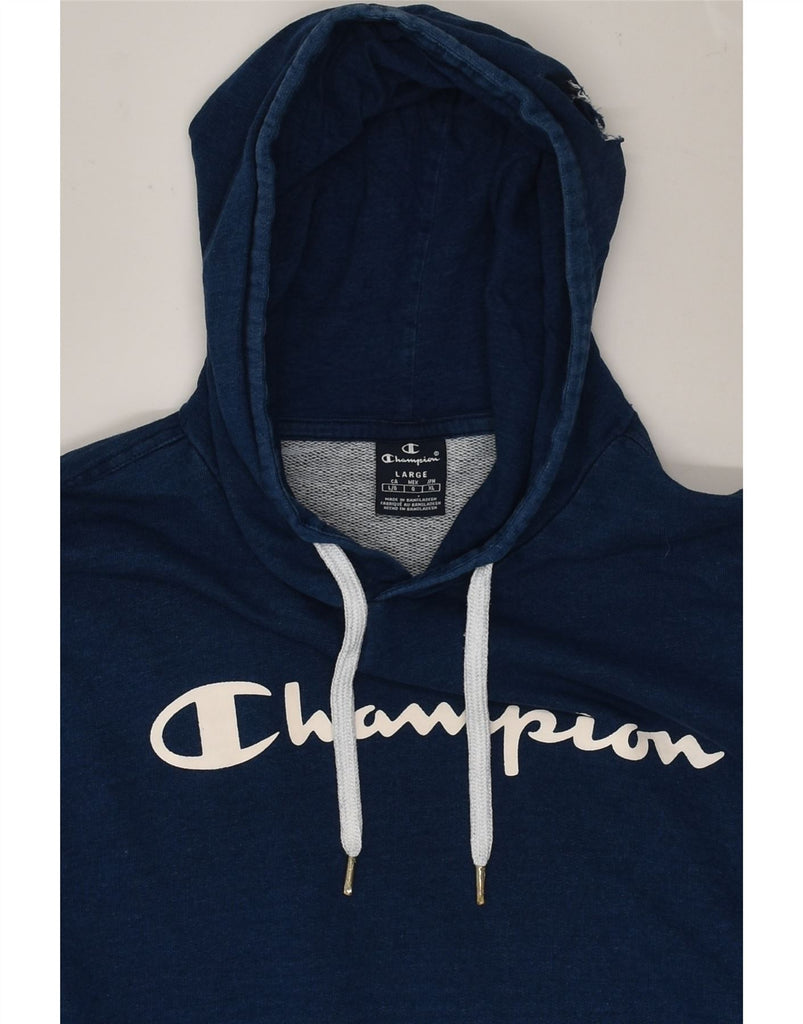 CHAMPION Mens Graphic Hoodie Jumper UK 14 Large Navy Blue Cotton | Vintage Champion | Thrift | Second-Hand Champion | Used Clothing | Messina Hembry 