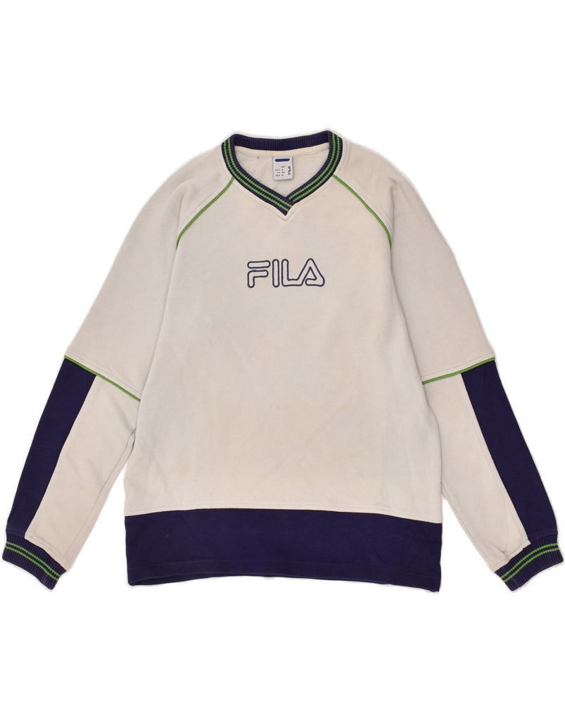 FILA Boys Graphic Sweatshirt Jumper 11-12 Years Medium Grey Colourblock | Vintage Fila | Thrift | Second-Hand Fila | Used Clothing | Messina Hembry 