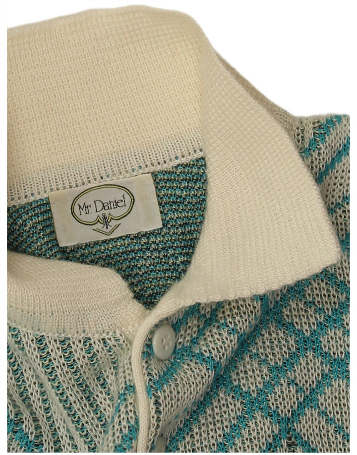 Vintage Mens Polo Neck Jumper Sweater Medium Blue Geometric