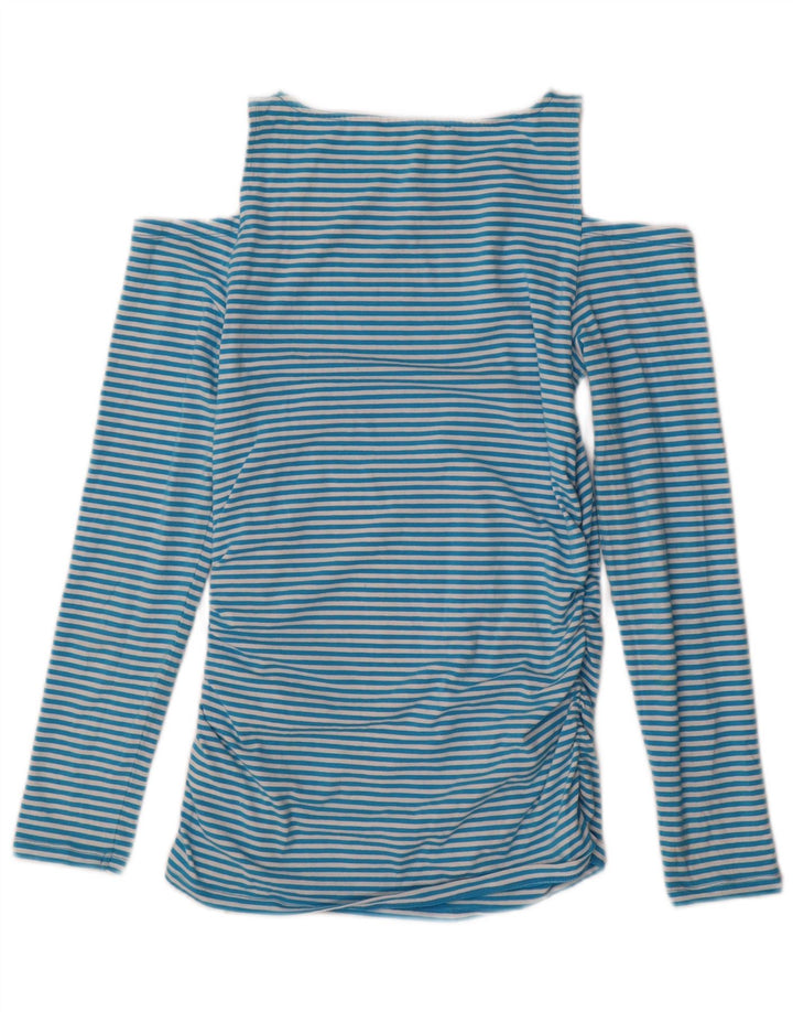 MICHAEL KORS Womens Off Shoulder Top Long Sleeve UK 10 Small Blue Striped