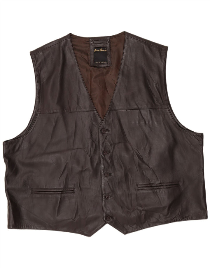 Vintage Mens Leather Waistcoat 2XL Brown Leather