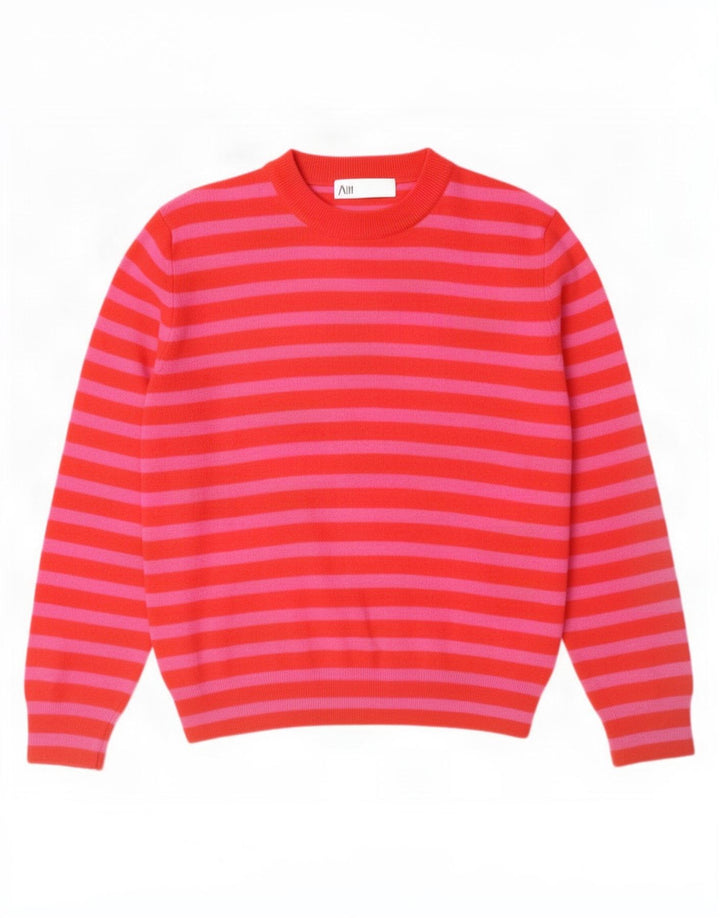 Zara Womens Crew Neck Jumper Sweater UK 14 Medium Red Striped Polyamide
