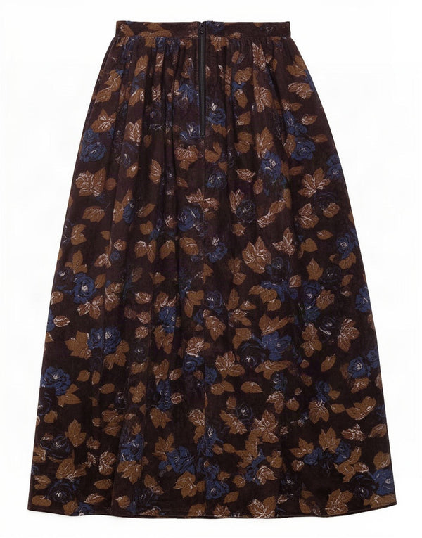 Vintage Womens Flared Skirt XS W24 Brown Floral Acetate